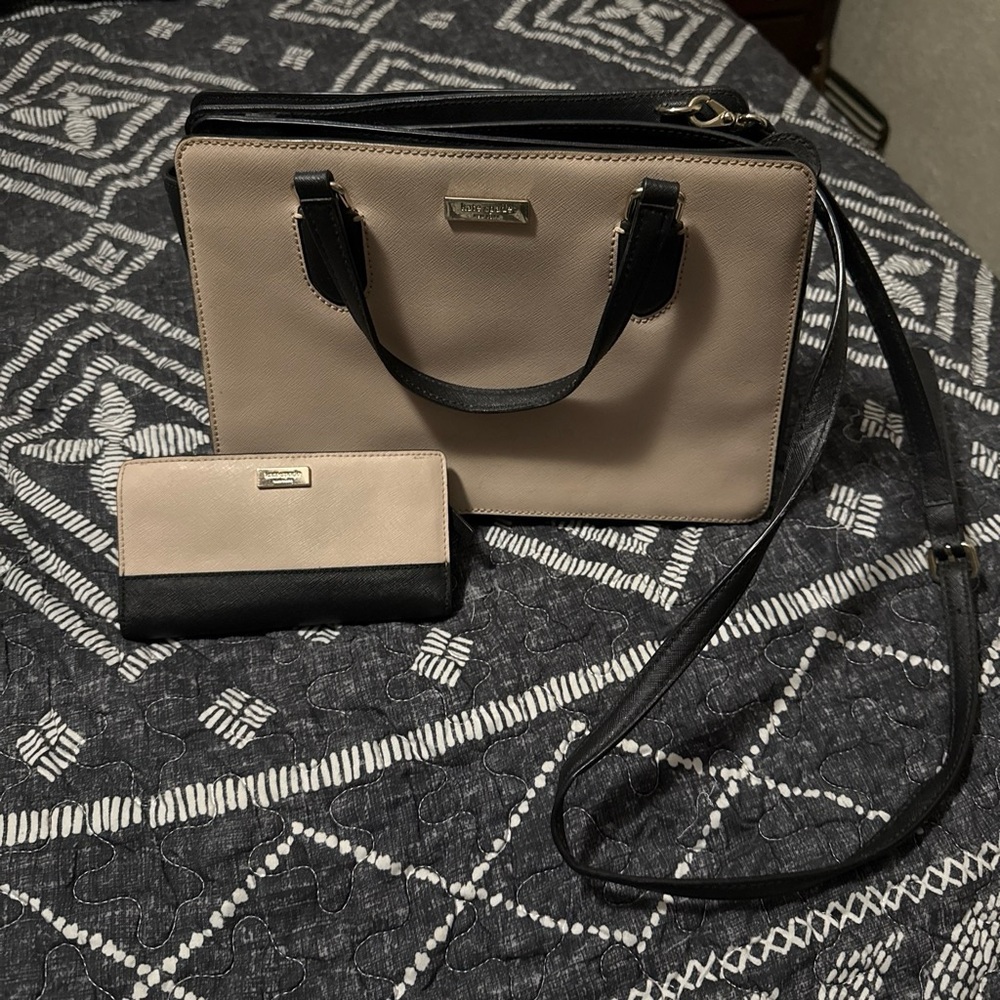 kate spade Beige and Black Satchel with Matching Wallet